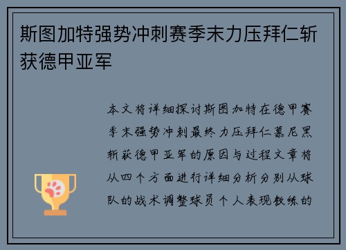 斯图加特强势冲刺赛季末力压拜仁斩获德甲亚军